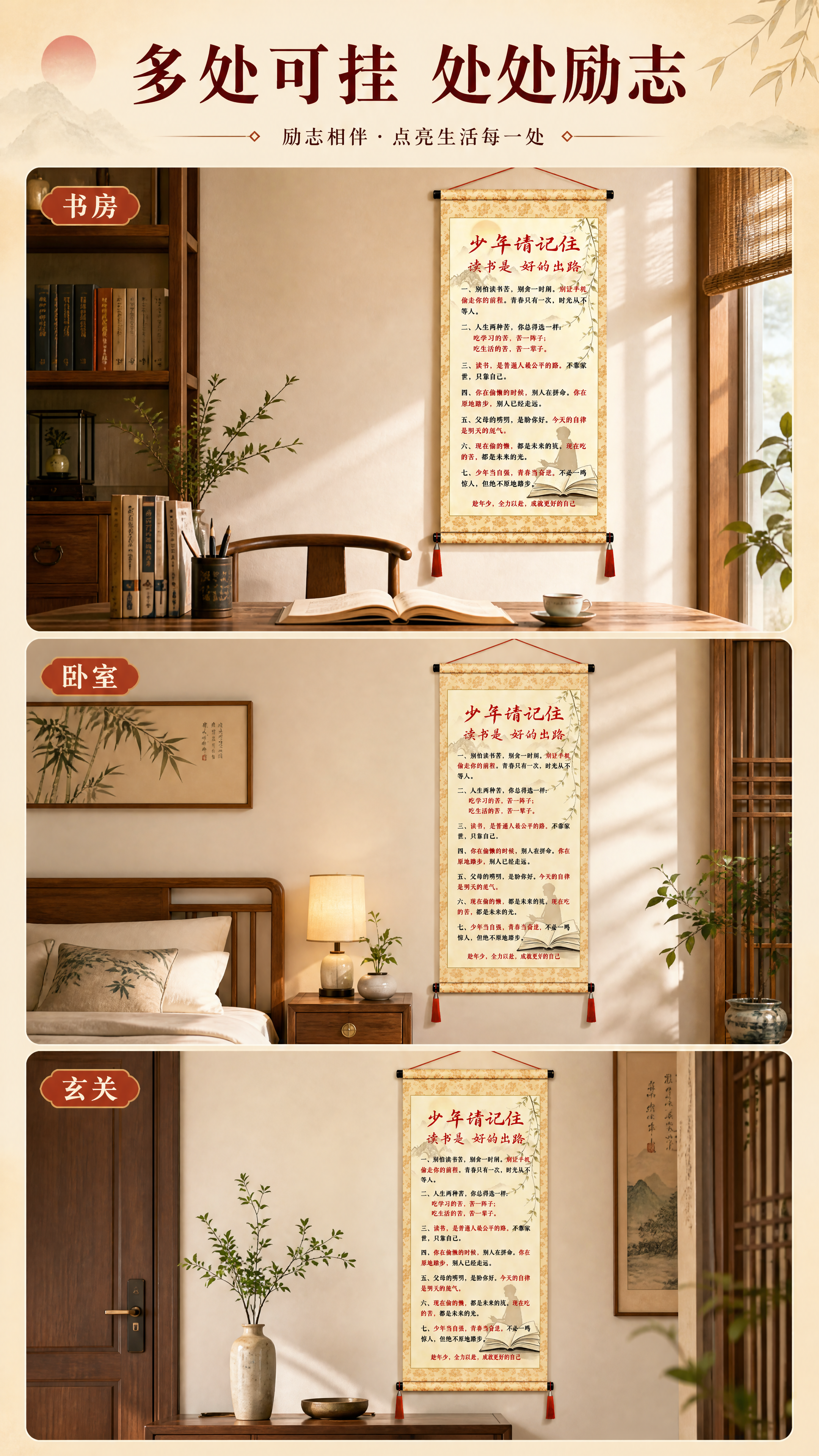 [商品] 使用【图1】少年请记住励志挂画；保留国风卷轴造型、米… - 图片创意预览