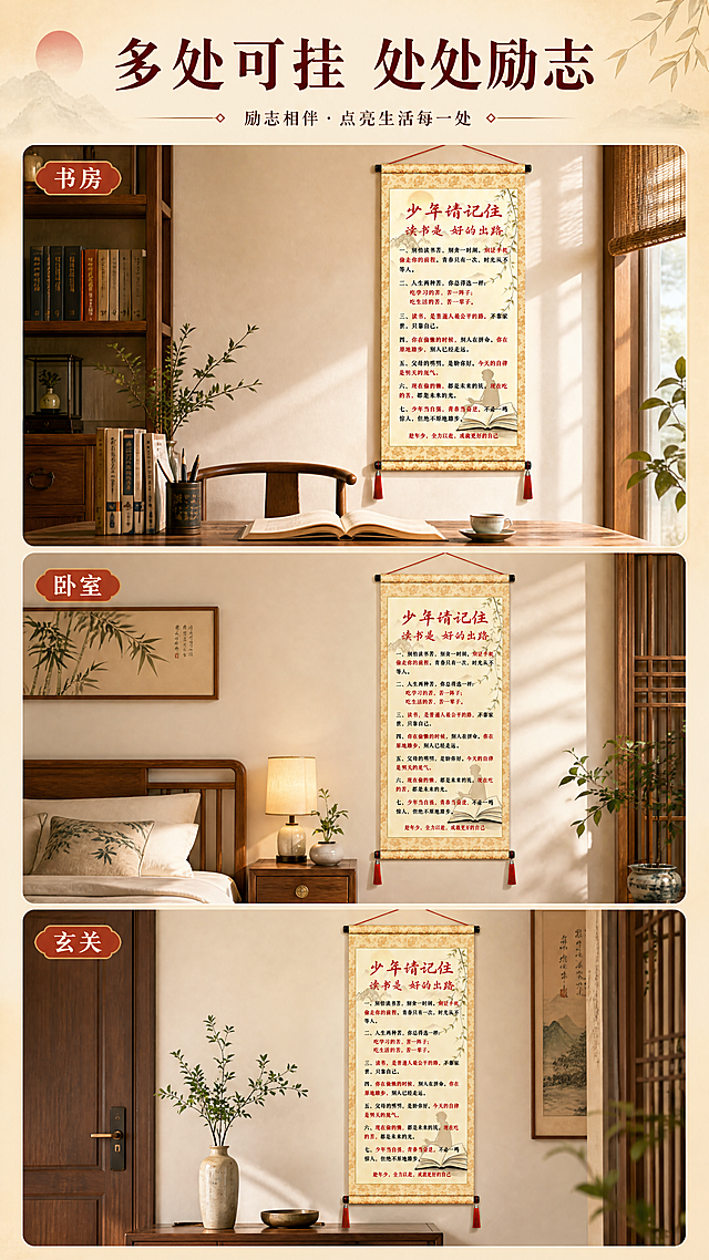 [商品] 使用【图1】少年请记住励志挂画；保留国风卷轴造型、米黄色花纹边框、红色流苏、整体色调；每个场景中自然悬挂，不改变商品结构。
[画面] 目标为多场景拼图，展示百搭装饰性；三宫格竖版拼图，分别展示挂画在书房书桌旁、卧室床头墙、玄关进门处三个场景，每格都是独立真实场景，产品在每格中自然呈现，体现不同空间都适用，画面层次丰富。
[视觉] 套系策略：风格=国风新中式商业摄影；标题字=书法宋体粗体；正文字=简洁宋体；主色=米黄暖杏；背景延展=基于米黄暖杏做深浅层级、同色渐变和宣纸/木纹质感；强调色=朱红，仅用于小面积图标、引线和标签；标题色=深棕红；正文色=深褐灰；组件=圆角米底信息卡、细线引线、场景标签条；光影=各场景均为暖调自然光，整体色调统一。
[文字] 顶部主标题「多处可挂 处处励志」，每格场景配小标签「书房」「卧室」「玄关」，全部横排排版，标签不遮挡挂画主体。
[规格] 图片比例9:16竖版，4K分辨率，避免变形、错字、文字过小、冷蓝/蓝灰背景、商品颜色改变、结构失真，禁用「最好」「首选」等极限词。
