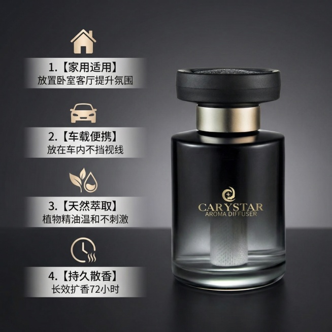 [主图 2] 香薰核心卖点展示
[氛围/风格] 干净专业，突出产品功效，高级简约
[画面元素] 保持原香薰产品外观不变，产品放置在画面中心偏右侧，背景为干净渐变深灰色
[配色色系] 主色调：深灰渐变背预览效果