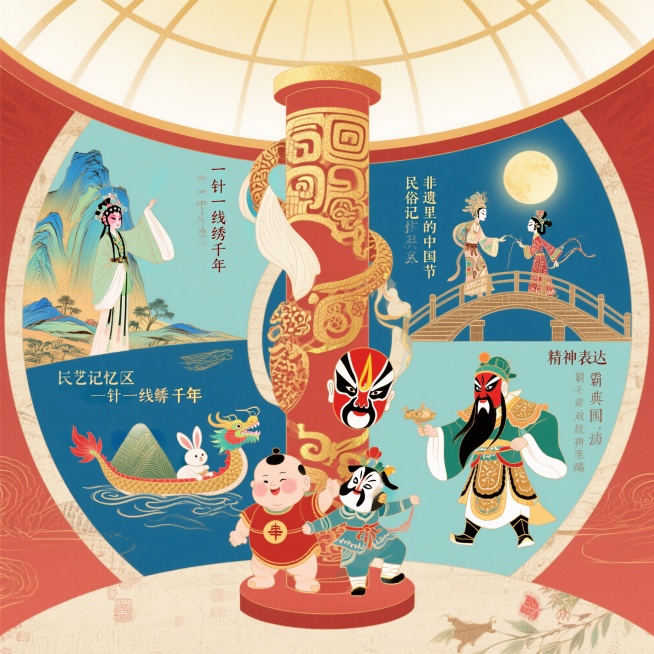 圆形穹顶构图，中心为非遗图腾柱，柱身雕刻昆曲水袖、皮影关节、剪纸纹路、年画胖娃娃，周围分三个象限：技艺传承象限用苏绣针法勾勒《千里江山图》局部，配“一针一线绣千年”文案；民俗记忆象限以陕西皮影戏再现《预览效果