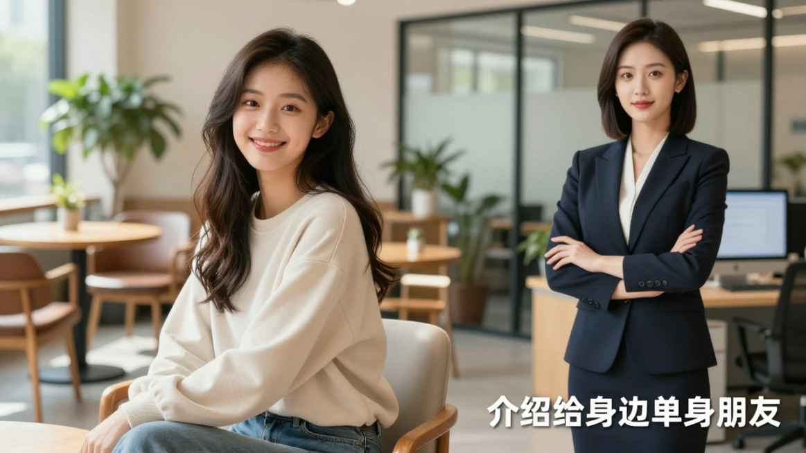出10张图片：近景：图片左侧和右侧分别是不同场景下的1个20岁左右的中国女生，不同的穿着，不同的长相，不同的发型，不同的姿势，不同的环境，图片右下角添加文字：介绍给身边单身朋友预览效果