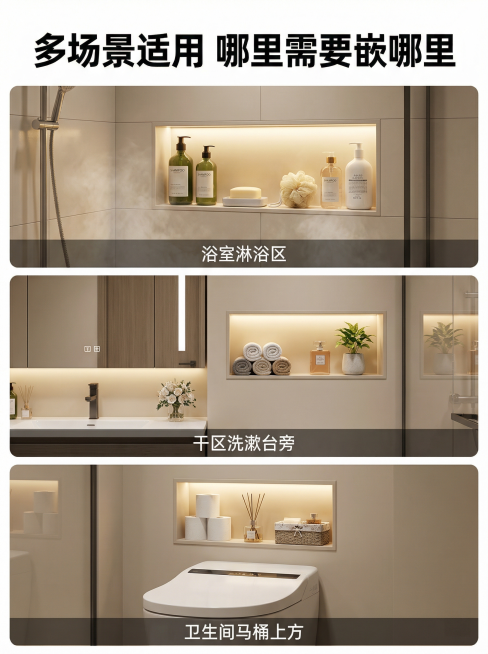 [详情图 8 适用场景展示] 壁龛多场景适配展示
[氛围风格] 多场景拼图展示，真实自然，高清美观
[画面元素] 三宫格展示三个适用场景：浴室淋浴区、干区洗漱台旁、卫生间马桶上方，每个场景都展示壁龛安预览效果
