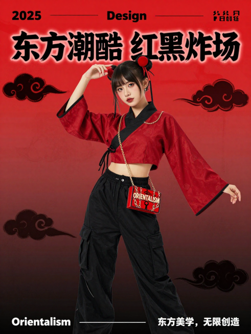 2025东方美学商业海报，甜酷风东方少女，双丸子头配红色发饰，身着红黑撞色短款汉服上衣+黑色工装裤，斜挎红金链条礼盒（印 ORIENTALISM”+锁链纹），背景红黑渐变+街头涂鸦祥云，上方标“202预览效果