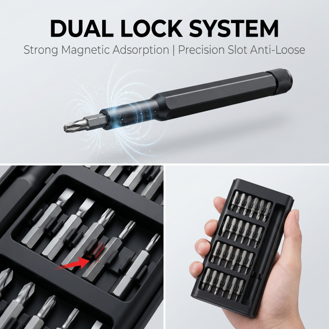 严格还原上传的产品图中产品细节，比例保持1:1；欧美工业极简高级风格，浅灰色渐变背景，杂志级精致排版，高清 2K 画质。画面上半部分展示黑色铝合金螺丝刀头吸附银色批头的动态悬浮场景，用淡蓝色磁力线特效预览效果