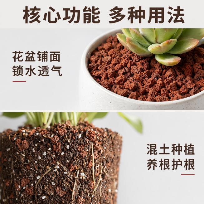 [主图-2] 红色火山石核心功能展示图。[氛围风格] 清晰直观，专业可信。[画质] 商业摄影质感，光线柔和通透，产品清晰真实，画面干净高级。[元素] 中部主体为铺面和拌土应用场景拼图，上半部分展示火山预览效果