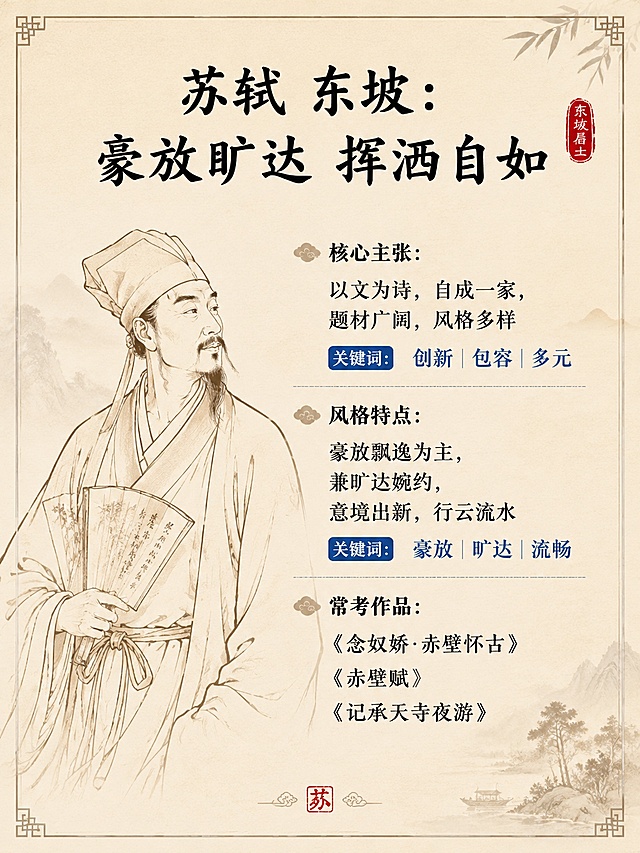 [第4屏] 详情页知识点页-苏轼核心文风与文学主张解析。本屏延续国风宣纸风格。
[氛围/风格] 国风知识卡片，条理清晰，素雅古风，应试干货感。
[元素布局] 上方主标题，中部放苏轼半身线描人物，右侧放核心观点和考点关键词，下方标注经典常考篇目，布局清晰，人物不遮挡文字。
[光影质感] 均匀柔光，人物线条清晰，文字对比分明，整体干净通透。
[配色色系] 全局底色 #F2E9D8，主色黑色文字，辅助色浅棕人物线描，蓝色标注核心关键词，红色印章点缀。
[视角构图] 左图右文横版结构，中心对齐，阅读流畅。
[文字版式] 主标题「苏轼 东坡：豪放旷达 挥洒自如」加粗居中；分栏列出：核心主张：以文为诗，自成一家，题材广阔，风格多样；风格特点：豪放飘逸为主，兼旷达婉约，意境出新，行云流水；常考作品：《念奴娇·赤壁怀古》《赤壁赋》《记承天寺夜游》；关键词用蓝色底标注突出，手机阅读清晰不拥挤。
[比例分辨率] 3:4 竖版比例，4K分辨率，文字清晰可辨，高清画质。
[负向提示词] 文字错乱，文字过小，人物变形，排版杂乱，水印，颜色偏差。