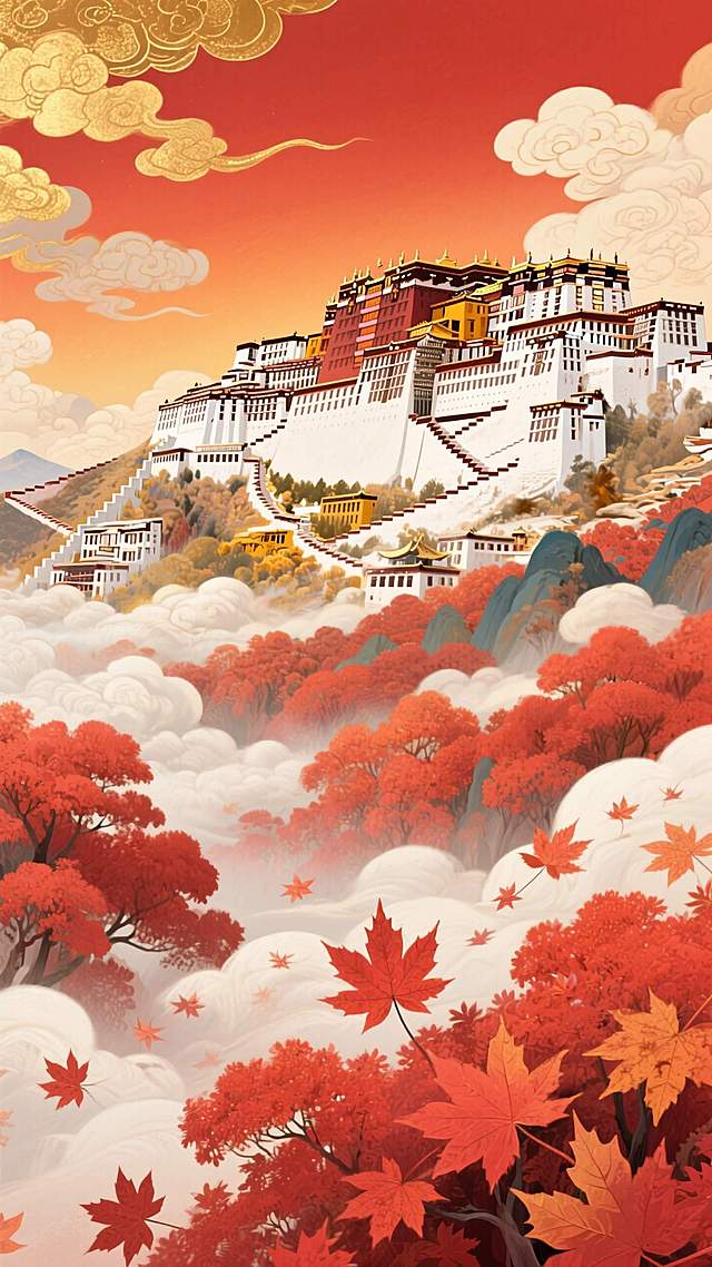暖金橙红渐变背景，红色枫叶林，远处有布达拉宫