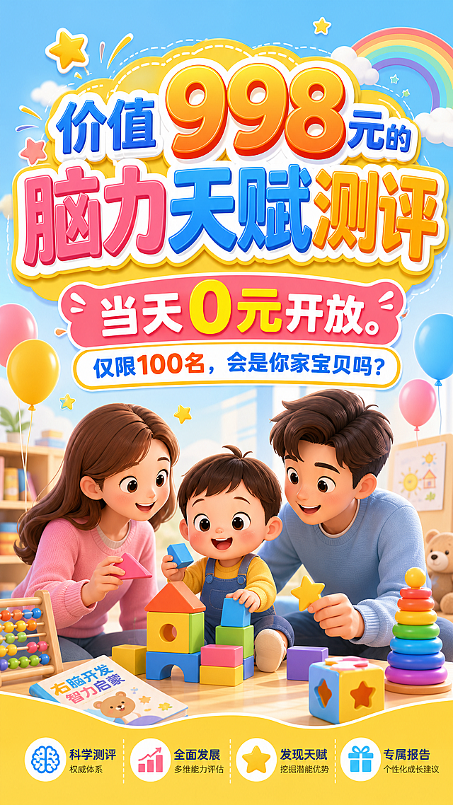 亲子早教活动海报，主标题文字“价值998元的脑力天赋测评”，副标题“当天0元开放。仅限100名，会是你家宝贝吗？”，明亮活泼的卡通风格，适合育儿亲子类内容，文字突出醒目，整体画面干净有吸引力