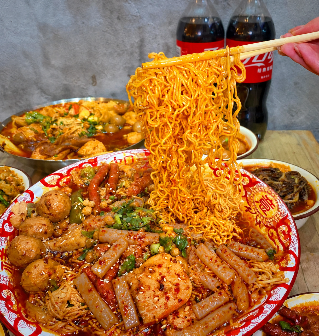 在这碗冒菜中添加煮好的魔芋豆腐条，魔芋豆腐条呈灰白色条状，表面… - 图片创意预览