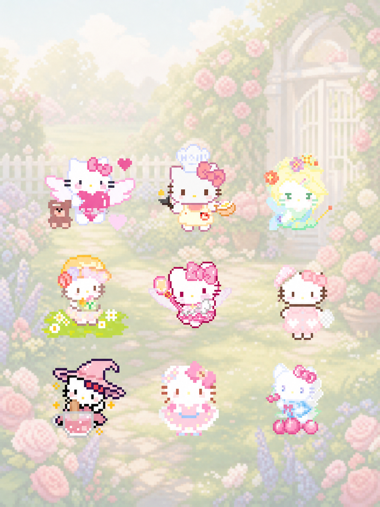 将9个Hello Kitty像素图案整体向下移动一些位置，保持… - 图片创意预览