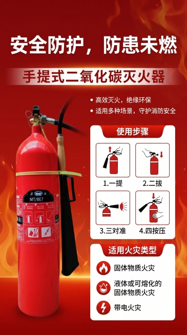 设计一款灭火器产品介绍海报，红色为主色调，左侧展示红色灭火器实物，右侧介绍灭火器产品信息，包含使用步骤：一提二拔三对准四按压，适用火灾类型：固体物质火灾、液体或可熔化的固体物质火灾、带电火灾，文案："预览效果