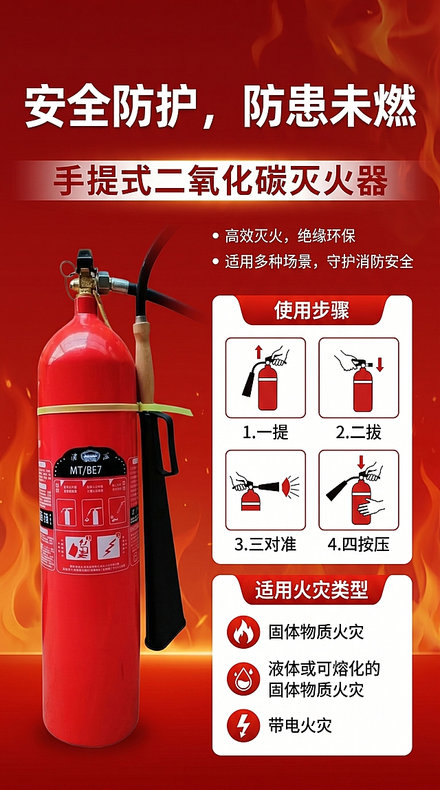 设计一款灭火器产品介绍海报，红色为主色调，左侧展示红色灭火器实物，右侧介绍灭火器产品信息，包含使用步骤：一提二拔三对准四按压，适用火灾类型：固体物质火灾、液体或可熔化的固体物质火灾、带电火灾，文案："安全防护，防患未燃，手提式二氧化碳灭火器，高效灭火，绝缘环保，适用多种场景，守护消防安全"，整体风格简洁专业，消防主题宣传设计，排版清晰醒目