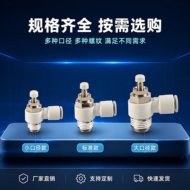 [主图-4] 节流阀接头规格齐全展示图，工业科技风多规格阵列图。
[氛围风格] 深蓝冷调工业科技风，规整专业，规格清晰，B端工业采购感；
[画质] 商业工业摄影质感，超高清晰度，产品排列整齐，每个规格细节清晰可辨。
[元素] 画面中下部横向排列3款不同规格的气动调速节流阀接头，从左到右尺寸依次递增，展示不同口径/螺纹规格的产品形态。每款产品均保持与输入产品图一致的外观结构、材质和颜色，仅尺寸规格不同。产品整体占比约55%，整齐排列在一个淡淡的冷蓝色悬浮平台上，每个产品下方有细线引出标注规格型号。背景为深蓝渐变，上方有微弱的科技感网格线和冷蓝色光带，营造工业数据感。画面无任何品牌Logo。
[光影] 冷调均匀布光，顶部主光均匀照亮三款产品，左右辅光平衡明暗，底部有柔和的投影落在悬浮平台上；每款产品的金属高光方向一致，整体光影统一，突出规格阵列的规整感。
[配色] 主色调深蓝渐变；辅助色冷银、冰蓝、深灰蓝平台；文字色白+冰蓝高亮。
[视角构图] 平视微俯视，三款产品横向等距排列居中偏下，上方留负空间放标题，底部规格标注，构图对称规整。
[文字版式] 顶部居中主标题"规格齐全 按需选购"，白色大号粗体无衬线。主标题下方一行小字"多种口径 多种螺纹 满足不同需求"，冰蓝色，字号约为主标题的1/3。三款产品下方各有一个圆角小标签，冰蓝色底白字，从左到右分别标注"小口径款""标准款""大口径款"（仅作规格区分示意，不虚构具体型号）。底部通栏深色半透明条，内有三格白色文字："厂家直销""支持定制""快速发货"。文字占比小于30%，不遮挡产品主体。
[输出要求] 1:1比例，文字清晰锐利，超高清商业工业摄影质感。
[负向提示词] 变形，文字错乱，产品模糊，背景杂乱，水印，电商平台Logo，品牌Logo，规格错乱，比例失调。