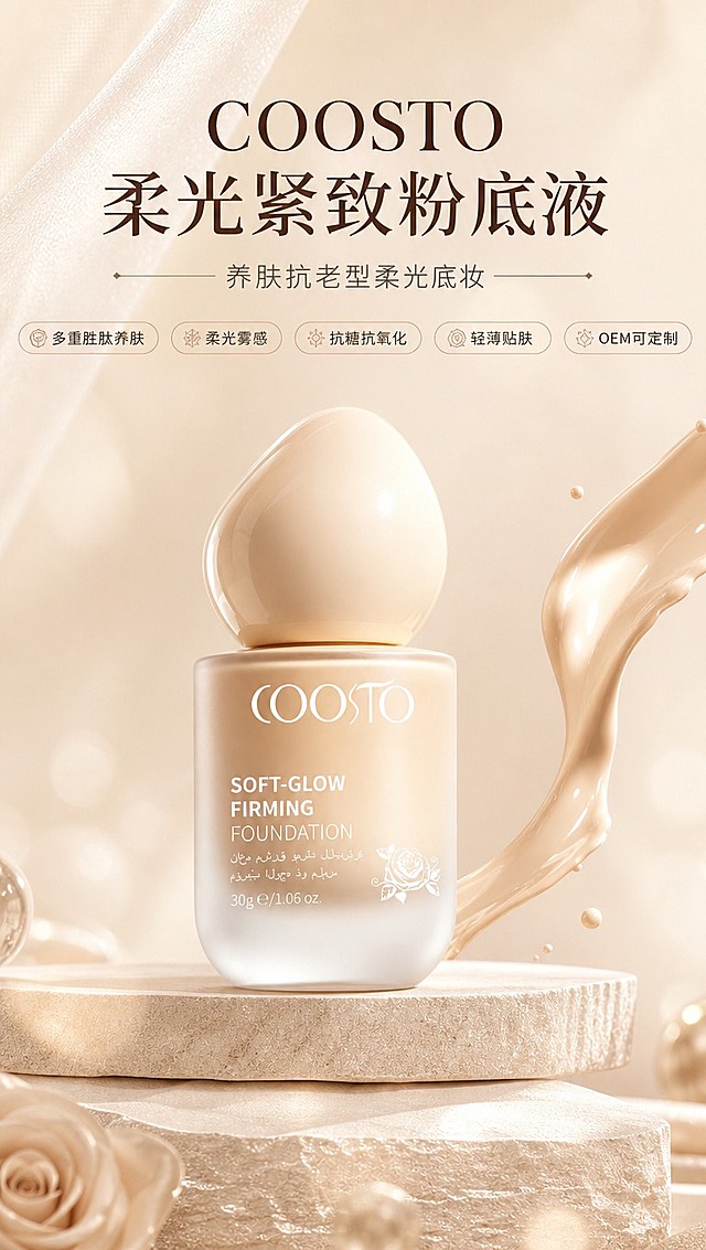 [商品] 使用【图1】COOSTO柔光紧致粉底液；保留磨砂渐变瓶身、圆润裸色瓶盖、白色COOSTO Logo、SOFT-GLOW FIRMING FOUNDATION英文、玫瑰图案、30g容量标识、瓶身比例和颜色；产品自然放置，朝向略侧，质感通透高级。
[画面] 首屏海报页，目标突出养肤抗老型柔光底妆的高级感；产品居中偏下，占画面约55%，放置在浅米色立体台面上；上方留白放标题和标签；前景有细腻柔光光斑，中景产品，后景浅米色渐变背景+柔焦纱幔质感；右侧搭配粉底液质地特写（丝滑乳状膏体流淌效果），与产品呼应；整体3层以上视觉层次。
[视觉] 套系策略：风格=高级柔光美妆商业摄影；标题字=优雅衬线粗体；正文字=简洁无衬线体；主色=暖米杏；背景延展=基于暖米杏做深浅渐变、柔焦纱幔质感和同色系立体台面；强调色=玫瑰金，仅用于小面积图标、引线和标签点缀；标题色=深暖棕；正文色=中暖灰；组件=圆角浅底信息卡、细线引线、胶囊形标签；光影=左前侧暖柔光，柔和阴影。
[文字] 上方居中主标题「COOSTO 柔光紧致粉底液」，副标题「养肤抗老型柔光底妆」；下方排列5个胶囊形核心标签：多重胜肽养肤、柔光雾感、抗糖抗氧化、轻薄贴肤、OEM可定制；文字不遮挡产品主体和Logo。
[规格] 图片比例9:16竖版，4K分辨率，避免变形、错字、文字过小、冷蓝背景、产品颜色改变、瓶身文字错乱、绝对化用语。