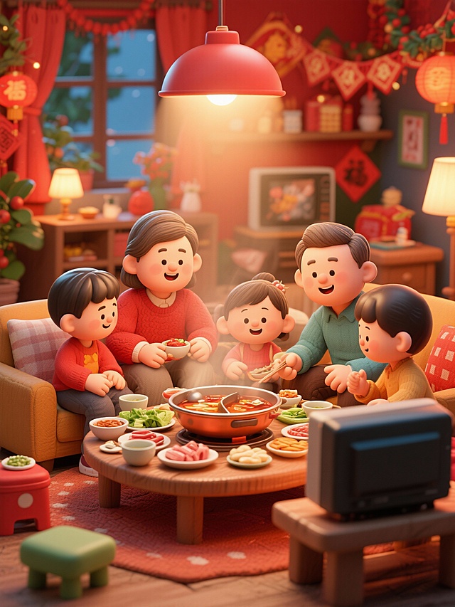 红色的立体海报，看电视吃火锅的家庭温馨场景