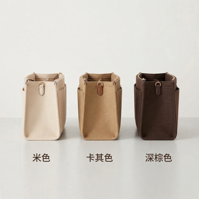 淘宝天猫电商主图，展示蔻驰Rowan22内胆包的三种不同配色款式，米色、卡其色、深棕色整齐排列，简约背景，每个款式下方标注对应颜色名称，保持整体风格简约统一，无多余卖点文案，纯产品展示，适配淘宝平台规预览效果