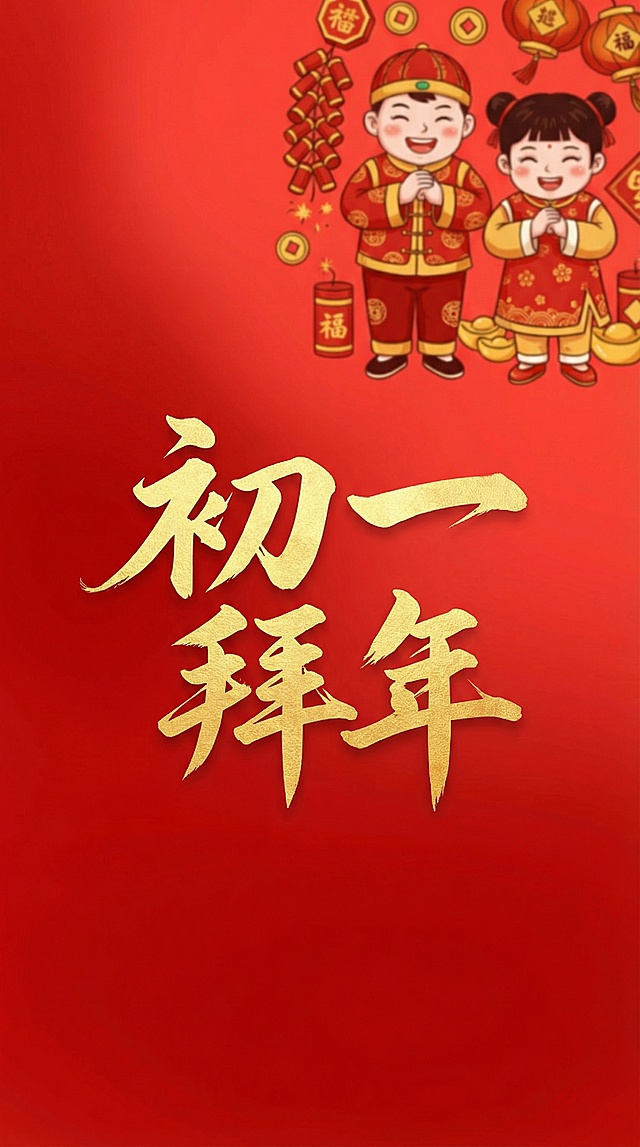 在红色背景右上角添加边界模糊的拜年相关插画，画面下方添加文案“初一 拜年”，插画风格与示例图一致，整体氛围喜庆