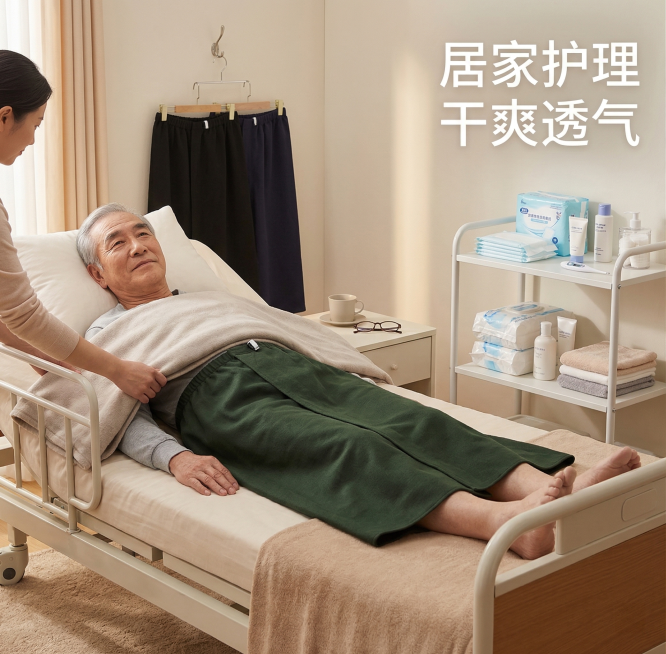 产品：老年人防漏隔尿裤裙，原产品外观和参考图保持一致，裙长严格控制为70cm，不得过长。画面：80岁长脸亚洲老爷爷卧床使用这款隔尿裤裙，背景为家庭护理间，墙边摆放护理用品架，居家日常护理场景，暖黄色柔预览效果