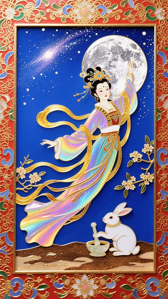 唐卡风格，一个20岁身着唐制汉服的女子作飞天姿势，金色飘带装饰，头饰为唐朝传统女性风格。身旁有一只玉兔拿着玉杵跪地捣药，玉兔脚底下为土地。背景是银色满月、银河、几根桂花树枝，整体色调以蓝、金、红为主。