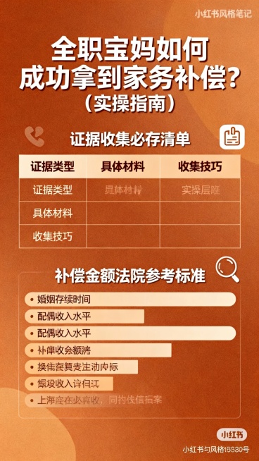 帮我按照上面的风格再将下面的文案生成两张图片。四、全职宝妈如何成功拿到家务补偿？（实操指南）
1️⃣ 证据收集是关键（必存清单）
证据类型	具体材料	收集技巧
身份与婚姻证明	结婚证、子女出生证明、户预览效果