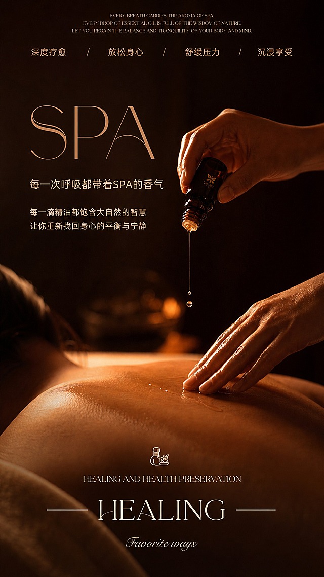 高端SPA疗愈品牌主视觉海报，竖版9:16，暖棕暗调静谧氛围，写实商业摄影风格。画面主体为精油按摩特写，一只手拿着深色精油瓶将精油滴落在人体背部，另一只手在旁准备按摩，手部皮肤质感细腻，暖金色侧光勾勒轮廓，背景深棕虚化。顶部有极细英文小字"EVERY BREATH CARRIES THE AROMA OF SPA, EVERY DROP OF ESSENTIAL OIL IS FULL OF THE WISDOM OF NATURE, LET YOU REGAIN THE BALANCE AND TRANQUILITY OF YOUR BODY AND MIND."，下方四个导航词"深度疗愈""放松身心""舒缓压力""沉浸享受"水平排列。居中偏左位置大标题"SPA"采用纤细优雅的艺术字体，下方副标题"每一次呼吸都带着SPA的香气"，再下方三行正文"每一滴精油都饱含大自然的智慧""让你重新找回身心的平衡与宁静"。画面底部是人体背部与按摩手部的延伸场景，上方有精油瓶小图标，再下方英文"HEALING AND HEALTH PRESERVATION"，大字号英文"HEALING"两侧有装饰横线，最下方花体字"Favorite ways"。整体色调为深棕、暖金、焦糖色，柔和光影，高级留白，沉浸式疗愈感，版式精美，文字清晰可读。画面中所有信息区域必须填充完整合理的内容，不得出现空白框或占位。