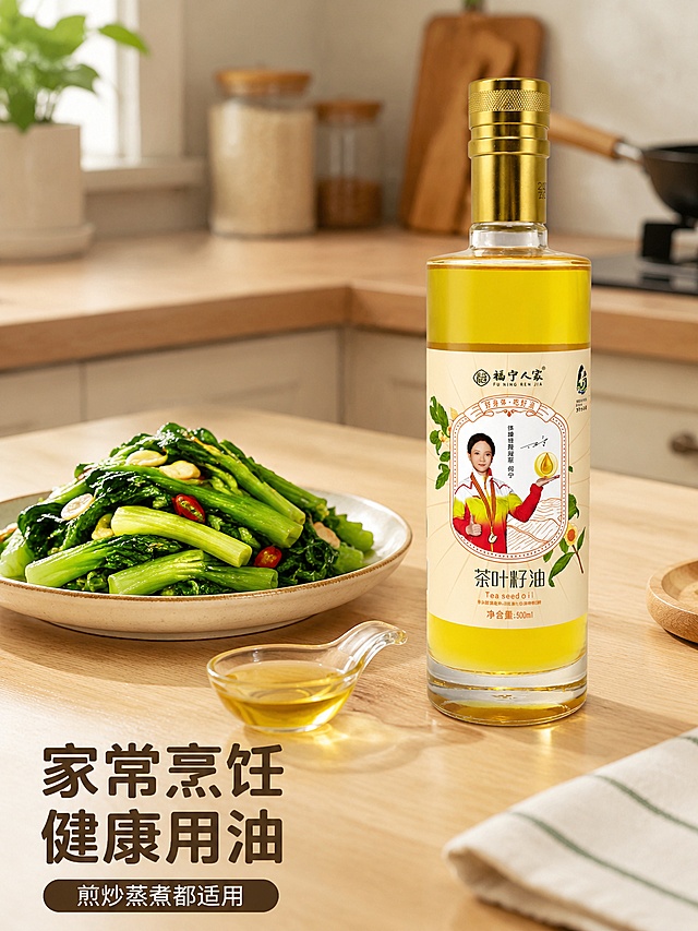 [第5屏] 日常烹饪场景-福宁人家茶叶籽油烟炒日常食材展示，本屏使用【图1】作为商品主体。
[氛围/风格] 温馨家常厨房场景，真实烟火气，暖调舒适氛围，生活感商业摄影。
[元素布局] 背景为干净浅色厨房台面，右侧放置整瓶茶叶籽油，左侧摆放清炒时蔬一盘，旁边放一勺盛出的茶叶籽油；产品占比约40%，保持瓶身外观与原图一致；整体场景包含厨房台面、时蔬、油品三个核心元素，层次自然。
[光影质感] 厨房柔和自然光，整体明亮温馨，突出食材新鲜和油品通透。
[配色色系] 全局底色 #f5f0e6，主色浅木色台面，辅助绿色蔬菜，深棕色文字。
[视角构图] 平视厨房场景，产品和菜品均衡分布，左右构图均衡。
[文字版式] 左下角标题「家常烹饪 健康用油」，副标题「煎炒蒸煮都适用」，字体圆角深棕色，文字清晰不遮挡主体。
[比例分辨率] 3:4 纵向比例，4K分辨率，高清画质。
[负向提示词] 场景脏乱，产品变形，文字错误，色彩过于鲜艳，油体浑浊