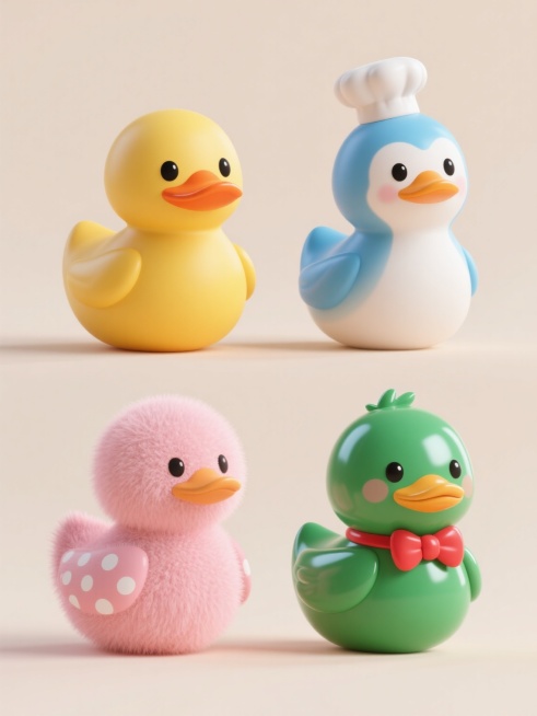 4个不同配色、不同样式与造型的卡通鸭子元素，上下两行对齐排列，浅色背景。每个鸭子保持圆润可爱的基础形态，第一行左侧鸭子为经典黄色橡胶质感，橙色鸭喙与黑色圆眼睛；右侧鸭子采用蓝白渐变配色，鸭头上戴着小厨师帽；第二行左侧鸭子为粉色绒毛质感，翅膀处有白色波点图案；右侧鸭子为绿色亮面材质，脖子上系着红色领结。所有鸭子均有光滑的高光处理和柔和阴影，整体风格统一为可爱卡通，画面简洁明快，无任何文字元素。预览效果