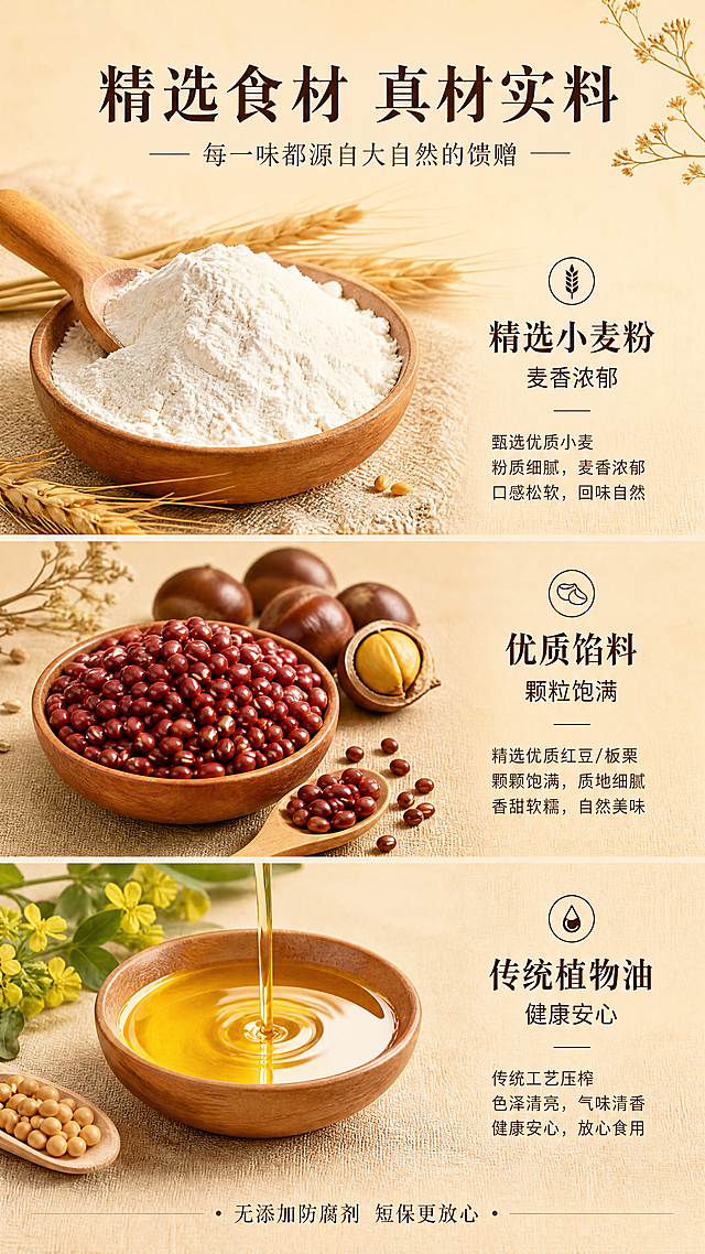 [第5张] 真材实料原料展示页-黄庄月饼精选食材。本张为原料专张，不使用产品图作为主体。
[氛围/风格] 自然质朴风，暖色调，食材新鲜质感，商业摄影质感。
[元素布局] 画面分三栏纵向排列，每栏展示一种核心原料：上栏精选小麦粉，中栏优质红豆/板栗等馅料原料，下栏传统植物油；每种原料用木碗/木勺盛装，颗粒饱满，质感真实；背景为浅米色麻布纹理，点缀干花、麦穗等装饰；原料元素占画面主视觉≥60%，突出真材实料。
[光影质感] 自然光感，柔和均匀，突出食材的新鲜质感和颗粒细节。
[配色色系] 全局底色 #F5DEB3 小麦色；主色食材本色；辅助色深棕文字、木色容器。
[视角构图] 三栏竖拼构图，每栏原料大图+右侧文字说明，阅读动线自上而下。
[文字版式] 顶部主标题「精选食材 真材实料」，副标题「每一味都源自大自然的馈赠」；每栏右侧分别标注原料名称和特点：「精选小麦粉 麦香浓郁」「优质馅料 颗粒饱满」「传统植物油 健康安心」；底部小字说明「无添加防腐剂 短保更放心」；字体宋体标题+黑体正文，深棕色字。
[比例分辨率] 9:16 竖版比例，4K分辨率，文字清晰可辨，高清画质。
[负向提示词] 食材不新鲜，质感差，水印，文字错乱，颜色偏差，背景杂乱，原料模糊。