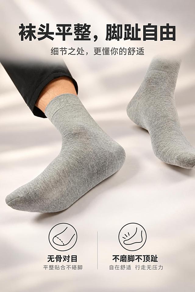 将画面改造为袜头细节展示详情页，重点突出无骨对目袜头。保留袜头特写与脚部完全不变。上方主标题："袜头平整，脚趾自由"；下方排列2个卖点："无骨对目"、"不磨脚不顶趾"，配简约图标。文字全部横向排版，现代简约黑体，深炭灰标题+中暖灰正文。背景替换为高级虚化的浅灰/米杏色渐变背景。100%继承原袜子的针织面料、纱线纹理、织物颗粒、褶皱、明暗光影，袜子质感完全复刻原图，禁止重新生成袜子材质；仅适配环境光影，袜子本身纹路细节不做美化、不抹平颗粒，不要塑料光滑感。真实实拍，纪实质感。