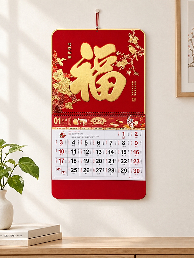将图中的福字挂历成品完整抠出，挂在简约干净的浅色室内墙面上，呈现自然真实的悬挂效果，光影柔和，风格简单大方、温馨雅致，突出挂历主体，画面干净整洁