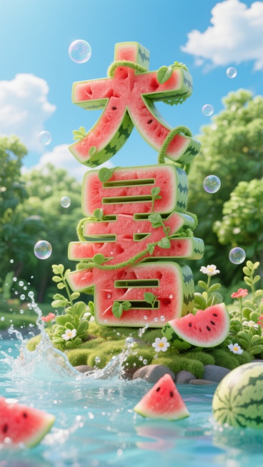 中央是字体设计“大暑”，立体大字，字体内部填充西瓜肉和少量藤蔓，蓝天白云绿植背景，气泡，底部是溅起水花和绿植花、西瓜，近景虚焦预览效果