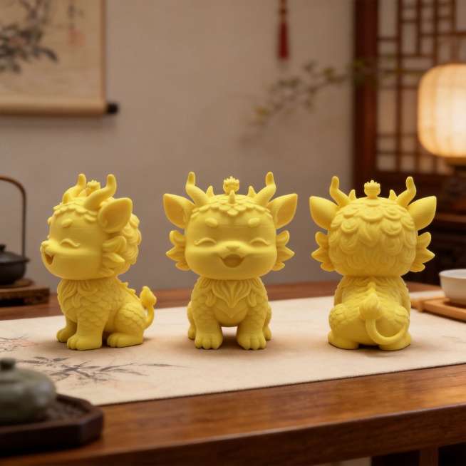 多角度展示3D打印Q版貔貅，新中式国古风风格，放在禅意茶桌桌面，营造温馨吉祥氛围，构图居中适配淘宝主图预览效果
