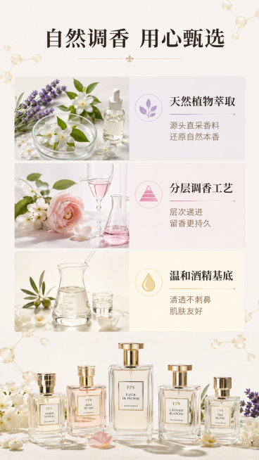[第3屏] 调香理念成分屏-FFS法式调香自然成分介绍。
[氛围/风格] 专业雅致科研风，低饱和浅色背景，突出成分天然安心的质感。
[元素布局] 顶部放置大标题，中部排列三组成分信息，每组成分搭配对应预览效果