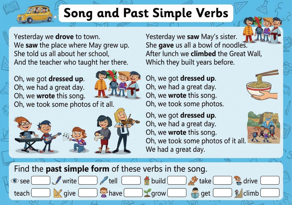 Create a horizontal A4 English summary poster for the song and exercise content from the uploaded im预览效果