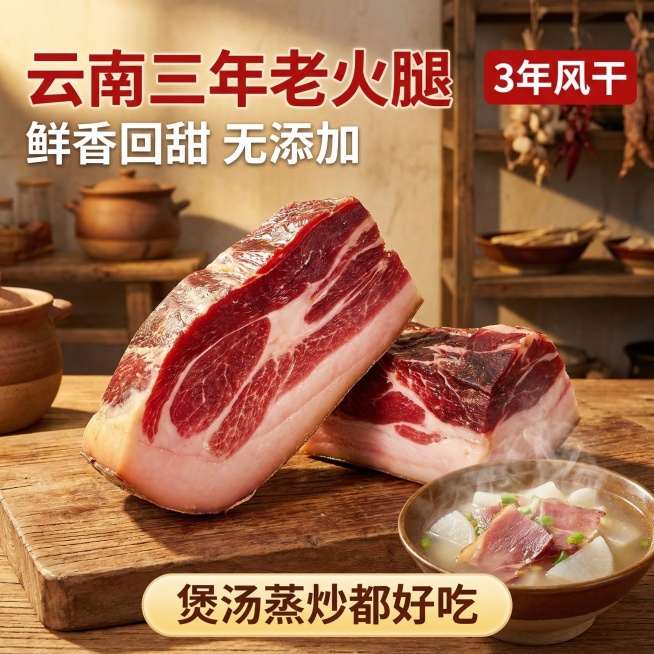 切好的云南火腿块居中放在原木砧板上，主体占比60%，切面红润油亮纹理清晰，旁边放一碗热气腾腾的火腿萝卜汤，背景是朴实农家厨房，暖金色侧光凸显肉质光泽，视觉冲击力强。左上角加粗主标题"云南三年老火腿"，预览效果
