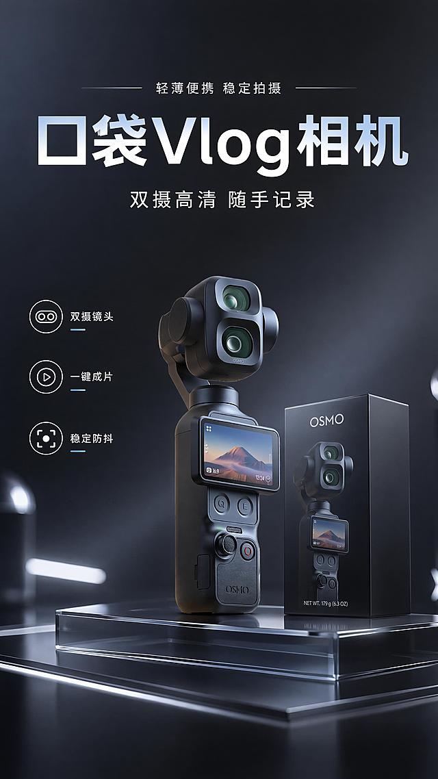 简约科技风商品营销海报，写实商业摄影，主标题文字"口袋Vlog相机"，副标题文字"双摄高清 随手记录"，卖点文字"双摄镜头" "一键成片" "稳定防抖"，装饰文字"轻薄便携 稳定拍摄"。手持云台全景相机100%还原上传商品图的产品外形、包装、LOGO、印刷文字、净含量，以上传图为唯一商品主体来源，完整保留原图的轮廓、结构、比例、按键、摄像头、标签版式、品牌logo、材质质感、颜色与朝向，包装、配色、产品结构均与上传图保持一致；产品放置在渐变深空灰科技感背景的几何玻璃台面上，背景简洁，带冷调光斑和浅景深效果，画面分区清晰，主次分明，商品主体居中，文字排版精美，不遮挡主体，文字清晰可读，整体风格科技高级，比例9:16