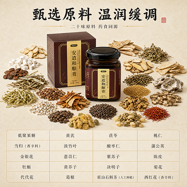 【主图-2】安逍和顺膏原料甄选导图，唯一任务：以一个中心产品配下部名称网格，完整呈现全部 20 味真实配料，证明原料真实可见，承担信任与理性说服。使用【图9】外盒+玻璃罐组合与【图7】盒身配料说明为商品与配料依据，产品外观、标签文字与颜色一致。
【统一基调】套系视觉：新中式高端养生国风商业静物摄影；背景主色=暖米白宣纸；标题字色=墨黑；辅助字色=中暖灰墨；强调色=琥珀金，仅用于细线与局部光效，朱砂红仅作印章小面积点缀；字体=主标题楷书书法体、辅助文字细宋体，全套统一；主标题最大最粗，辅助文字缩小50%以上；组件=细金线细边框、大面积留白、单枚小印章。
【画面】俯视微侧45度视角，与前一张主图平视视角明显不同。画面上部留白放标题；中部为安逍和顺膏深棕玻璃罐（金色标签朝外、文字清晰、结构不变），罐身周围环绕平铺可辨识的干燥原料：黄芪片、茯苓块、桃仁、当归片、淡竹叶、酸枣仁、蒲公英、金银花、薏苡仁、紫苏子、陈皮、牡蛎壳、黄芥子、决明子、菊花、代代花、葛根片、霍山石斛茎、西红花，自然散落成环，原料占画面中部约45%，颗粒与断面色泽清晰可辨；画面下部为浅米白半透明底卡的名称网格区，内部四列五行共二十个单元格，等距均匀、以极细琥珀金线分隔，每格内仅横排一个原料名，不与中部原料区重叠。
【光影质感】柔和漫射顶光加轻微侧光，凸显药材纹理与断面色泽，台面有自然接触阴影，低饱和、无硬对比，无强烈高光斑。
【配色】沿用套系统一色调：暖米白宣纸底、黛青墨绿点缀、琥珀金细线；草本原料保持自然本色，不出现冷蓝与高饱和色。
【文字版式】画面上部横排主标题“甄选原料 温润缓调”，其下细宋体小字一行“二十味原料 药食同源”；下部网格内每格横排一个原料名，按包装配料顺序依次为“低聚果糖”“黄芪”“茯苓”“桃仁”“当归（香辛料）”“淡竹叶”“酸枣仁”“蒲公英”“金银花”“薏苡仁”“紫苏子”“陈皮”“牡蛎”“黄芥子”“决明子”“菊花”“代代花”“葛根”“霍山石斛茎（人工种植）”“西红花（香辛料）”，字号明显小于主标题、保证1000像素下清晰可读，不遮挡产品与原料；全部文字横排，禁止竖排、旋转、单字竖列、斜排，不使用逗号；除上述指定文字外不出现其他文字、Logo、水印、条码、促销角标，不出现保健或治疗功效承诺用词。
【输出要求】比例1:1（1000×1000），4K清晰，文字清晰可读无错字，罐身标签文字准确；负向：变形、错字、乱码文字、文字过小不可读、错列错行、网格错位、引线交错、原料模糊失真、配料名遗漏或重复、杂乱背景、水印、平台Logo、绝对化用语。