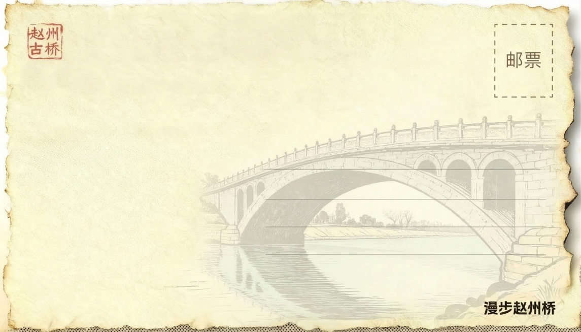 设计赵州桥明信片反面，必须保持和正面完全一致的异形轮廓和裁切形状，延续正面统一风格：浅米黄色做旧纸张纹理，保持相同毛边做旧效果，复古版画扁平国风风格和配色不变。版面布局：左上角放置小巧红色篆刻印章"赵预览效果
