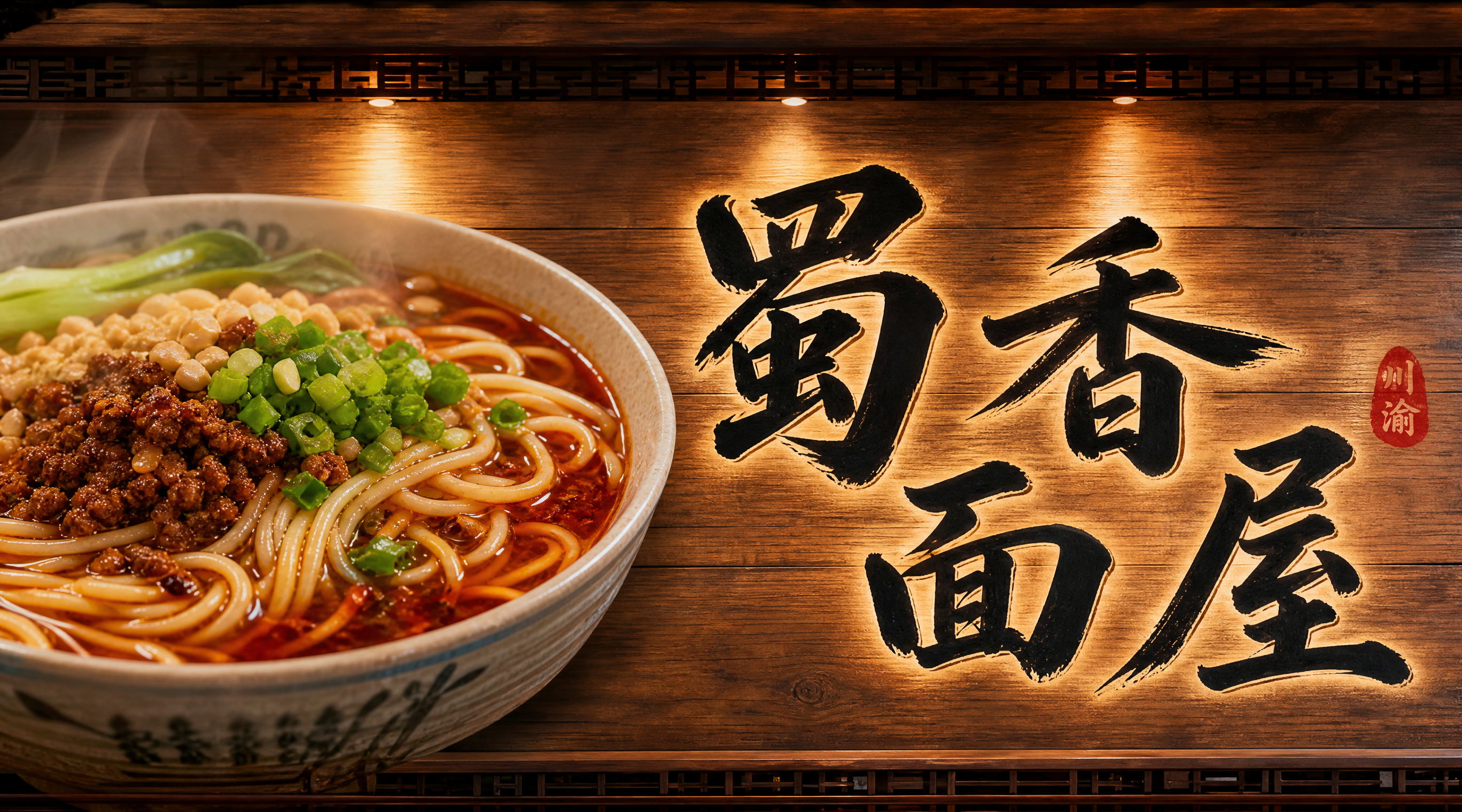 蜀香面屋面馆店招设计，写实风格，横版构图，左侧是一碗热气腾腾的… - 图片创意预览