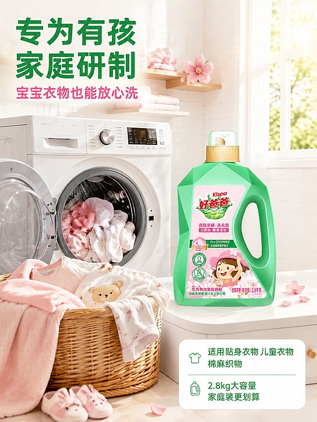 [主图-4] 好爸爸樱花洗衣液家庭洗衣场景图
[氛围风格] 温馨治愈的家庭洗衣场景，阳光明媚，生活气息浓厚，真实自然
[画质] 商业摄影质感、光线柔和通透、产品清晰真实、画面干净高级
[元素] 好爸爸樱花洗衣液绿色瓶身放置在洗衣机旁的白色洗衣台面上，位于画面右侧；左侧是一台白色滚筒洗衣机，洗衣机门半开，里面露出洗好的粉色和白色衣物，衣物蓬松柔软；洗衣台面上还有一个编织洗衣篮，里面放着待洗的儿童衣物（有可爱卡通图案）、一条柔软的毛巾；台面上散落几片樱花花瓣；背景是明亮的家庭洗衣房，白色瓷砖墙、木质置物架、上面放着叠好的干净衣物和几枝樱花装饰；阳光从窗户洒进来，在地面形成柔和光斑；画面左下角有一双儿童小拖鞋，增加家庭温馨感。保持好爸爸樱花洗衣液外观与输入产品图一致，杜绝任何变形和色差，精细化处理；产品自然摆放在台面上，阴影真实。商品主体占比约35%。
[光影] 自然日光从右侧窗户射入，形成温暖的侧光，洗衣机和瓶身有柔和高光，衣物有蓬松的光影层次，整体温暖明亮
[配色] 主色暖白+浅木色家居场景；辅色薄荷绿（产品）、樱花粉（装饰）；强调色暖金色阳光；色板与首图统一
[视角构图] 平视角度，场景化构图，产品融入真实家庭环境，洗衣机和洗衣篮形成场景叙事
[文字版式] 左上负空间主标题"专为有孩家庭研制"，深绿色粗体大号；副标题"宝宝衣物也能放心洗"，粉色中号；右下角圆角信息框，内部分两行"适用 贴身衣物 儿童衣物 棉麻织物"、"2.8kg大容量 家庭装更划算"，白色底深绿色文字
[输出要求] 3:4比例，文字清晰锐利，超高清商业摄影质感
[负向提示词] 变形，文字错乱，产品图模糊，背景杂乱，水印，电商平台Logo，多余的手，畸形手，人物面部扭曲