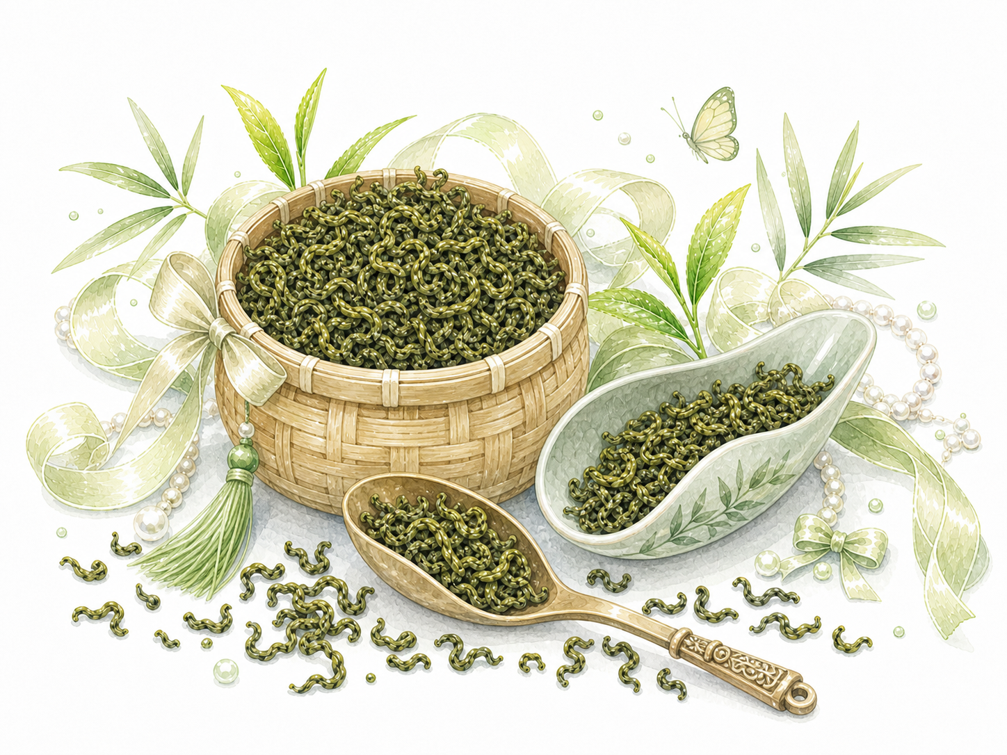 水彩手绘风格装饰素材，纯白背景，画面以干绿茶为主体，包含一个古… - 图片创意预览