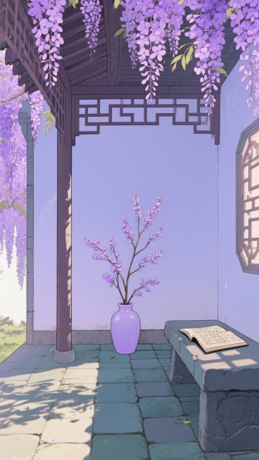 二次元，古风，浅紫色庭院，生成10张预览效果