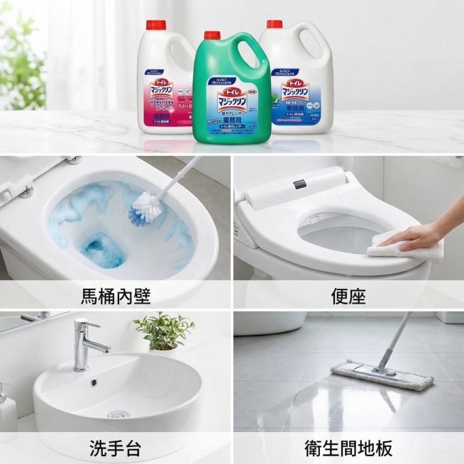 KAO花王马桶清洁剂适用场景主图，氛围风格为舒适简约家居明亮风。画面元素：四宫格场景宫格布局，分别展示马桶内壁、便座、洗手台、卫生间地板四个清洁场景，套组产品放置在画面顶部居中位置，全屏无边框，产品外预览效果