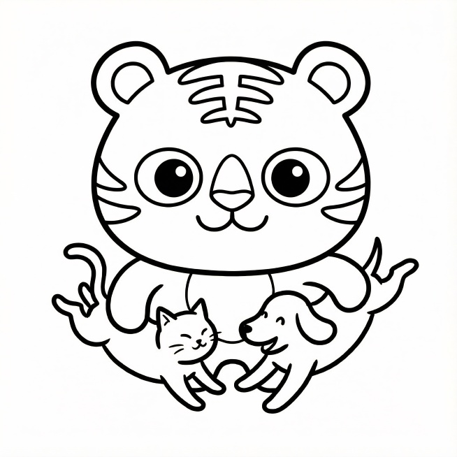 做成简笔画风格，极简风，换个动作活泼可爱，和猫狗打闹，做成描边简笔画LOGO预览效果