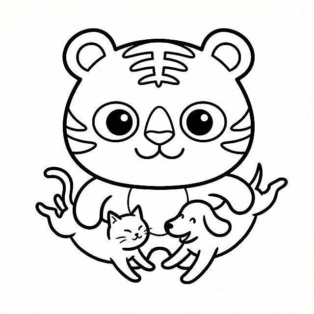 做成简笔画风格，极简风，换个动作活泼可爱，和猫狗打闹，做成描边简笔画LOGO