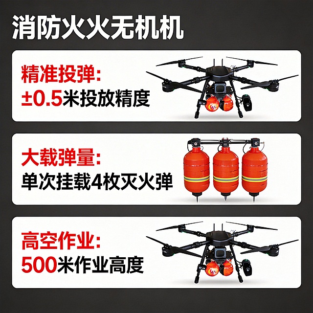 消防灭火无人机卖点详情图，理性说服风格，分三个板块展示核心卖点：1. 精准投弹：标注“±0.5米投放精度”；2. 大载弹量：标注“单次挂载4枚灭火弹”；3. 高空作业：标注“500米作业高度”，用清晰的数据排版，背景用深灰色，字体用无衬线体，保持红黑主色调