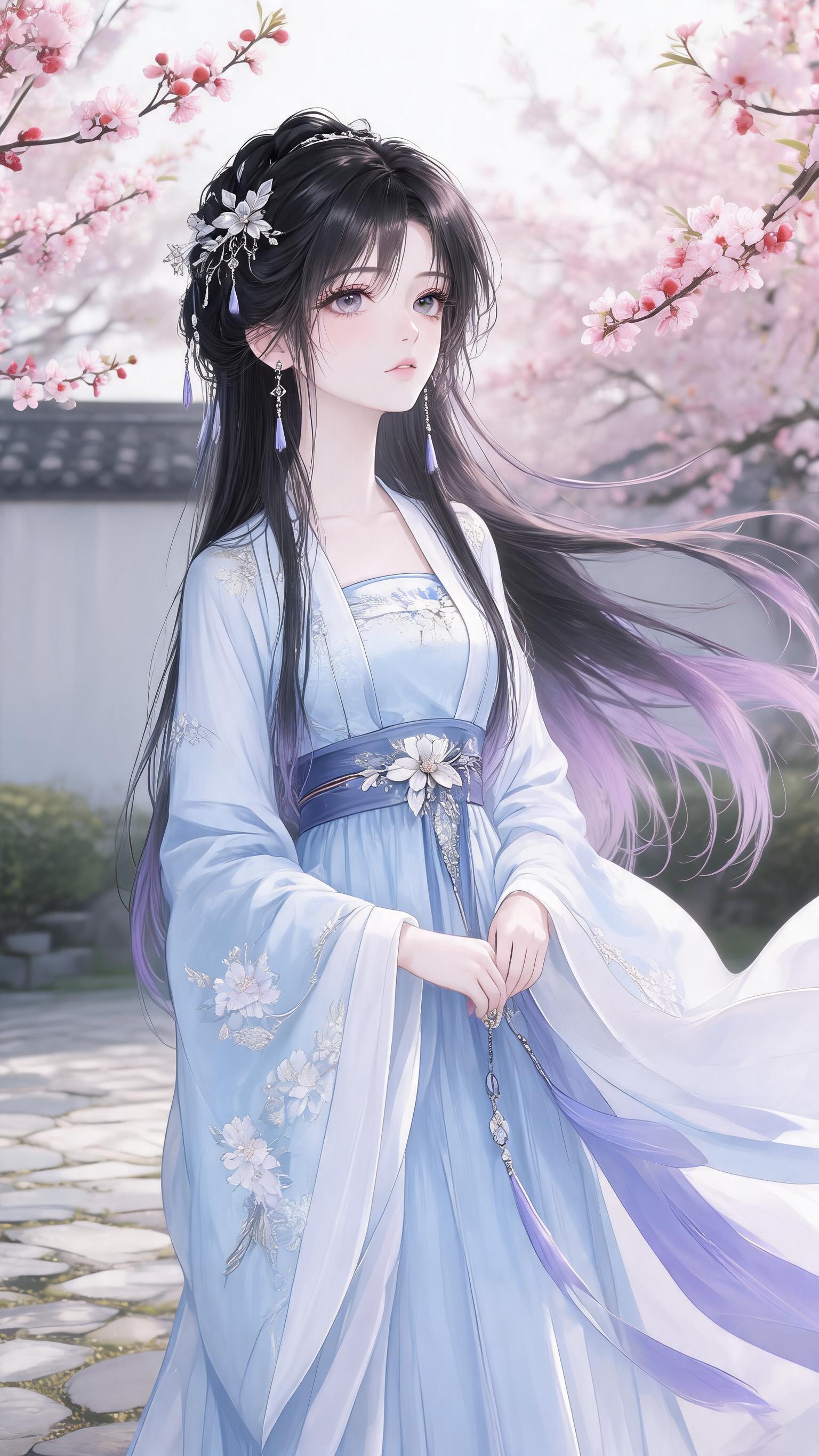 9:16竖屏，二次元古风少女站在庭院中，微微抬头看向远方，风吹… - 图片创意预览