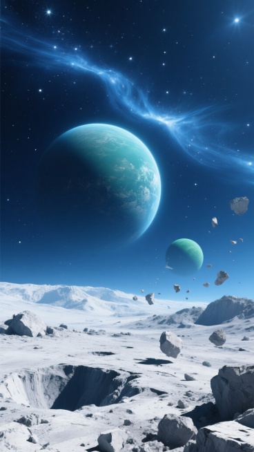 浩瀚深邃的太空背景，深邃的深蓝色宇宙中点缀着无数闪烁的白色星辰，星云呈现出缥缈的蓝白色光带。前景是崎岖不平的灰白色星球表面，布满巨大的岩石和陨石坑。中景偏左位置有一颗巨大的蓝绿色行星，表面有明显的纹理和光晕，其右下方有一颗较小的同色系行星。两颗行星周围漂浮着细小的岩石碎片。整体画面采用写实风格，光影效果强烈，行星表面有清晰的高光和阴影过渡，营造出神秘而壮丽的宇宙氛围，色彩以蓝、白、灰为主，色调……预览效果