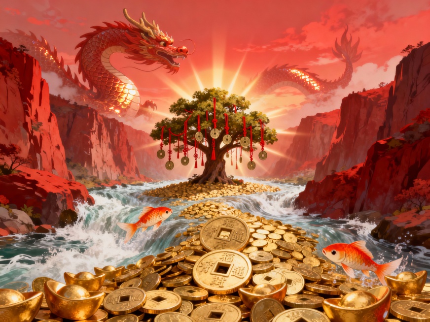 卡通风格，史诗般的场景，一条由无数金币和金元宝汇成的巨大河流在红色峡谷中奔腾流淌，天空中祥龙身影在红色霞光中若隐若现，龙鳞反射金光，河中央生长着一棵挂满红绳和铜钱的巨大发财树，光芒四射，两条锦鲤围着铜预览效果