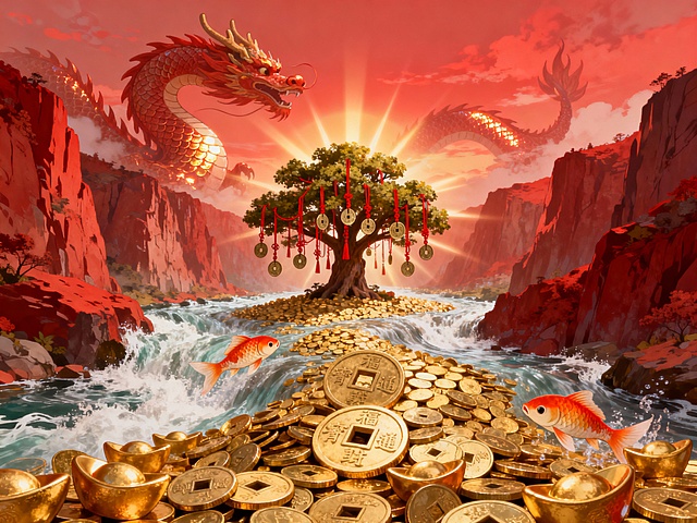 国潮风插画，鎏金重拟物，龙腾祥云映红霞，金鱼游弋于金币溪流，福树挂钱迎新春，光影交织，梦幻喜庆。